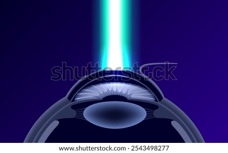 LASIK laser eye surgery poster. Correction of vision issues nearsightedness, farsightedness, astigmatism. Safe painless procedure, reshapes cornea, human eye anatomical 3D vector medical illustration