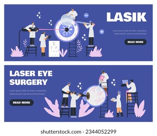 Lasik or laser eye visual impairments correction banner or poster templates set, flat vector illustration. Laser surgery medicine advertising banners.