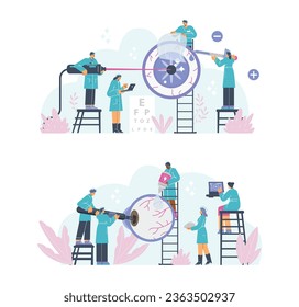 Lasik or laser surgery vision correction banners. Eye visual impairments correction using laser operation, flat vector illustration isolated on white background.