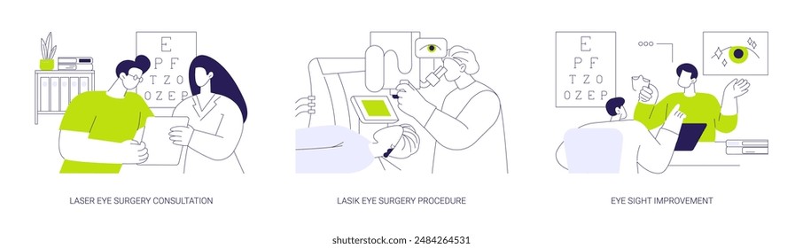 LASIK surgery abstract concept vector illustration set. Laser eye surgery consultation and procedure, eye sight improvement, correct nearsightedness, farsightedness and astigmatism abstract metaphor.