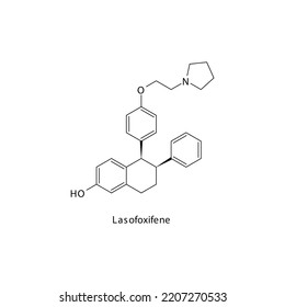 Lasofoxifene molecule flat skeletal structure, Estrogen receptor modulator used in postmenopausal osteoparosis, vaginal atrophy Vector illustration on white background.