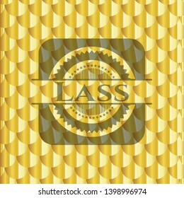 Lass  golden emblem or badge. Scales pattern. Vector Illustration. Detailed.