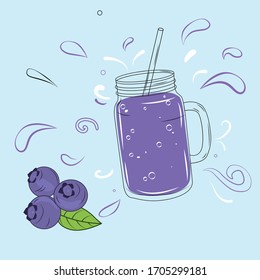 lass jar with handle and straw with blueberry smoothie. Blueberries. Detox, berry juice, healthy food concept.