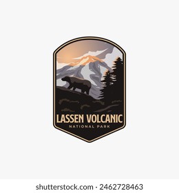 Ilustración de la insignia del parche del logotipo del Parque Nacional Volcánico de Lassen, diseño del oso de montaña