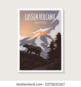 Afiche del Parque Nacional Volcánico de Lassen, diseño de afiches de oso de montaña