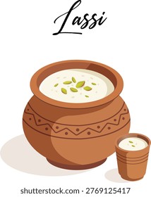 Lassi in earthen pot vector illustration, traditional Indian yogurt drink served in clay kulhad, refreshing summer beverage in flat 2D design isolated on light background