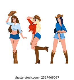 lasso cowgirl  vector.  boots hat, ranch horse, western cattle lasso cowgirl character. people flat cartoon illustration