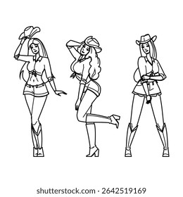 lasso cowgirl vector. boots hat, ranch horse, western cattle lasso cowgirl character. people black line pencil drawing illustration