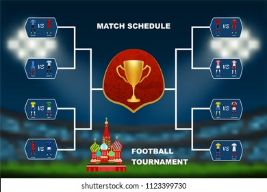 Last 16 soccer teams match table schedule with trophy cup and Russian landmark on football stadium background. Concept for football match result for nation tournament in vector illustration