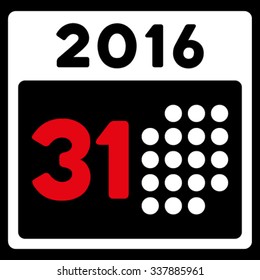 Last 2016 Month Date vector icon. Style is bicolor flat symbol, red and white colors, rounded angles, black background.