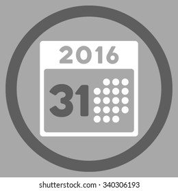 Last 2016 Month Date vector icon. Style is bicolor flat circled symbol, dark gray and white colors, rounded angles, silver background.