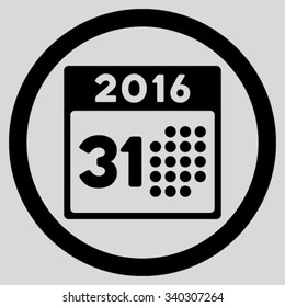 Last 2016 Month Date vector icon. Style is flat circled symbol, black color, rounded angles, light gray background.