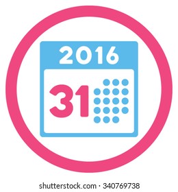 Last 2016 Month Date vector icon. Style is bicolor flat circled symbol, pink and blue colors, rounded angles, white background.