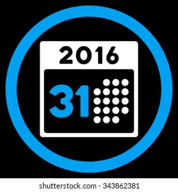 Last 2016 Month Date vector icon. Style is bicolor flat circled symbol, blue and white colors, rounded angles, black background.
