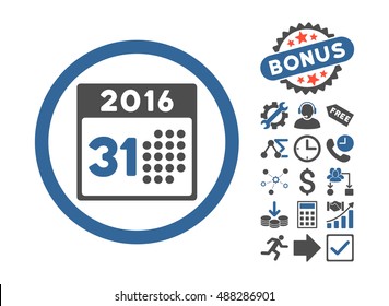 Last 2016 Month Day icon with bonus elements. Vector illustration style is flat iconic bicolor symbols, cobalt and gray colors, white background.