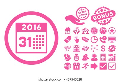 Last 2016 Month Day icon with bonus images. Vector illustration style is flat iconic symbols, pink color, white background.