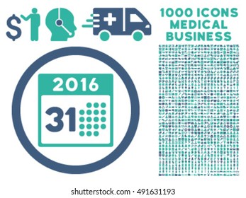 Last 2016 Month Day icon with 1000 medical business cobalt and cyan vector design elements. Set style is flat bicolor symbols, white background.