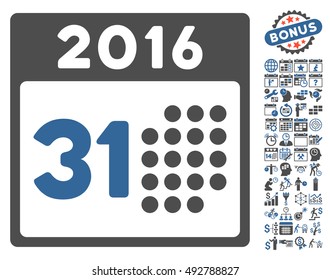 Last 2016 Month Day icon with bonus calendar and time management graphic icons. Vector illustration style is flat iconic bicolor symbols, cobalt and gray colors, white background.