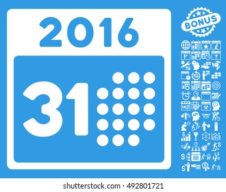 Last 2016 Month Day icon with bonus calendar and time management pictogram. Vector illustration style is flat iconic symbols, white color, blue background.