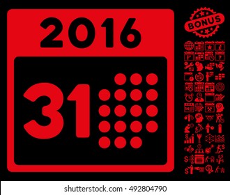 Last 2016 Month Day icon with bonus calendar and time management pictures. Vector illustration style is flat iconic symbols, red color, black background.