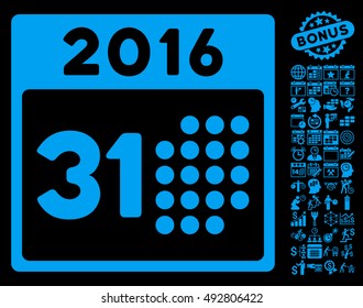Last 2016 Month Day icon with bonus calendar and time management images. Vector illustration style is flat iconic symbols, blue color, black background.