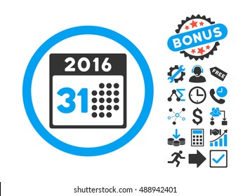 Last 2016 Month Day pictograph with bonus elements. Vector illustration style is flat iconic bicolor symbols, blue and gray colors, white background.