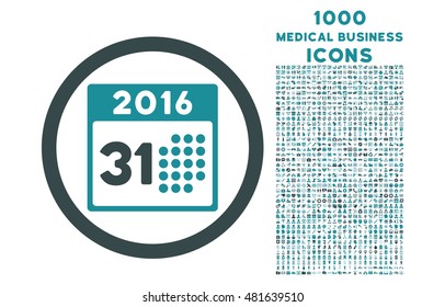 Last 2016 Month Day rounded vector bicolor icon with 1000 medical business icons. Set style is flat pictograms, soft blue colors, white background.