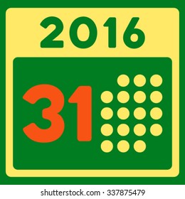 Last 2016 Month Day vector icon. Style is bicolor flat symbol, orange and yellow colors, rounded angles, green background.