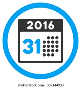 Last 2016 Month Day vector icon. Style is bicolor flat circled symbol, blue and gray colors, rounded angles, white background.