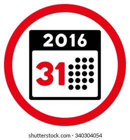 Last 2016 Month Day vector icon. Style is bicolor flat circled symbol, intensive red and black colors, rounded angles, white background.