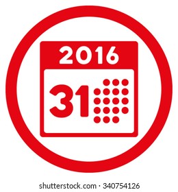 Last 2016 Month Day vector icon. Style is flat circled symbol, red color, rounded angles, white background.