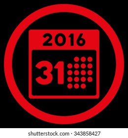 Last 2016 Month Day vector icon. Style is flat circled symbol, red color, rounded angles, black background.