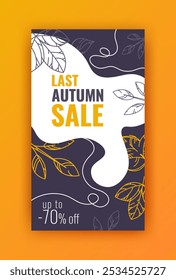 Modelo de banner vetor vertical de venda no último outono. Até -70% de desconto promocional. Layout de anúncio natural gráfico brilhante. Muitos bonito desenhado a mão folhas quadro. Conjunto de elementos da planta. Sinais de folhagem de contorno editáveis