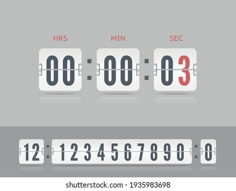 Last chance concept. Retro design score board clock template. Vintage flip clock time counter vector template. White scoreboard countdown number font with shadows isolated on gray background