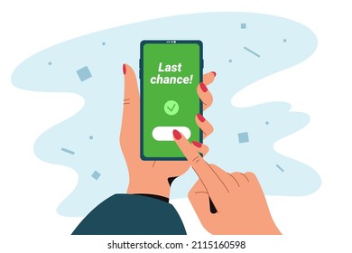 Last chance flat vector illustration. Human hand with mobile phone buy online at special best price. Final discount or mega sale concept. Advertising discounts or promotional offer. Smartphone message
