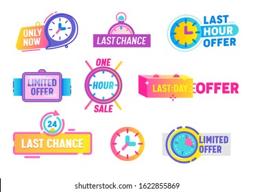 Last Chance Limited Offer Icons Set Isolated on White Background. Discount Card Collection, Multicolored Badges for Store Discount Announcement. Alarm Clock and Watch Logo. Cartoon Vector Illustration