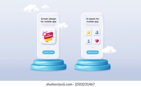 Last chance offer banner. Phone mockup on podium. Product offer 3d pedestal. Sale timer tag. Countdown clock promo icon. Background with 3d clouds. Last chance promotion message. Vector