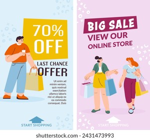 Last chance offer, big sale view our online store and buy products and goods. Best prices and discounts on clothes, gifts and outfits. Start shopping in internet. Promotional banner, vector in flat