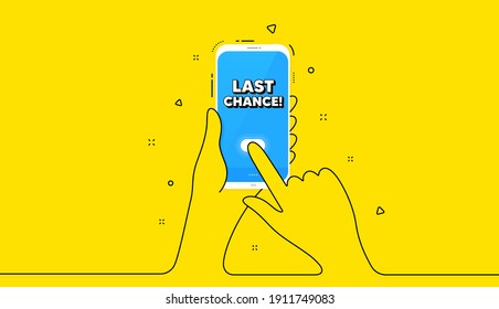 Last chance Sale. Yellow banner with continuous line. Hand hold phone. Special offer price sign. Advertising Discounts symbol. Mobile phone icon. Continuous line hands banner. Vector