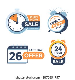 Last day offer modern label design with alarm clock countdown. 24 hour sale promo sticker. Best deal badge isolated illustration svg