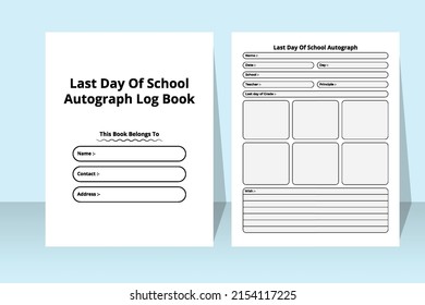 Last day of school, autograph tracker interior. Student's or teacher's autograph collection notebook template. Interior of a journal. School last day celebration info tracker interior.