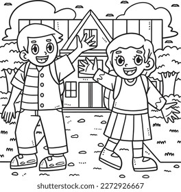 Last Day of School Children Waving Coloring Page 