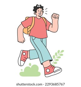 Last day of school concept. Happy little boy with a backpack quitting education, looking forward to the school vacation. Summer holiday break. End of term. Flat vector illustration