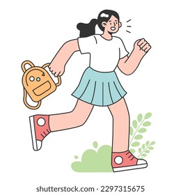 Last day of school concept. Happy little girl with a backpack quitting education, looking forward to the school vacation. Summer holiday break. End of term. Flat vector illustration