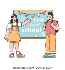 Last day of school concept. Happy children quitting education, looking forward to the school vacation. Summer holiday break. End of term. Flat vector illustration