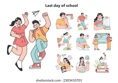 Último día de clases. Niños felices dejando la educación, esperando con ansias las vacaciones escolares. Vacaciones de verano. Fin del mandato. Ilustración vectorial plana