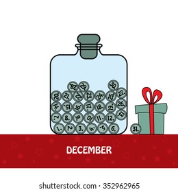 Last day of the year. Stylized month of December in the form of a glass jar on a white background with a gift