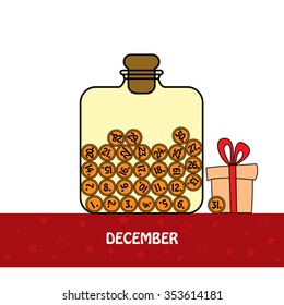 Last day of the year. Stylized month of December in the form of a glass jar on a white background with a red gift