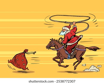 Last days of discounts on goods for New Year and Christmas. Buy gifts on marketplaces. Santa Claus tries to catch the running gift. Comic cartoon pop art retro vector illustration hand drawing