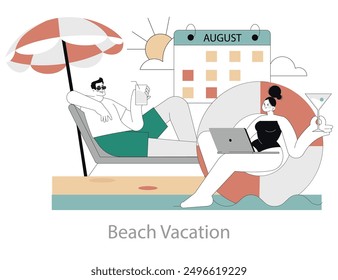 Last Days of Summer concept. A couple enjoys a seaside escape in August, with gadgets and drinks, savoring vacation vibes. Vector illustration.